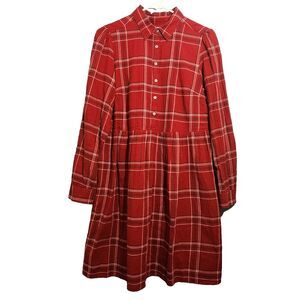 LOFT Women M Red Plaid Long Sleeve Swing Shirt Dress